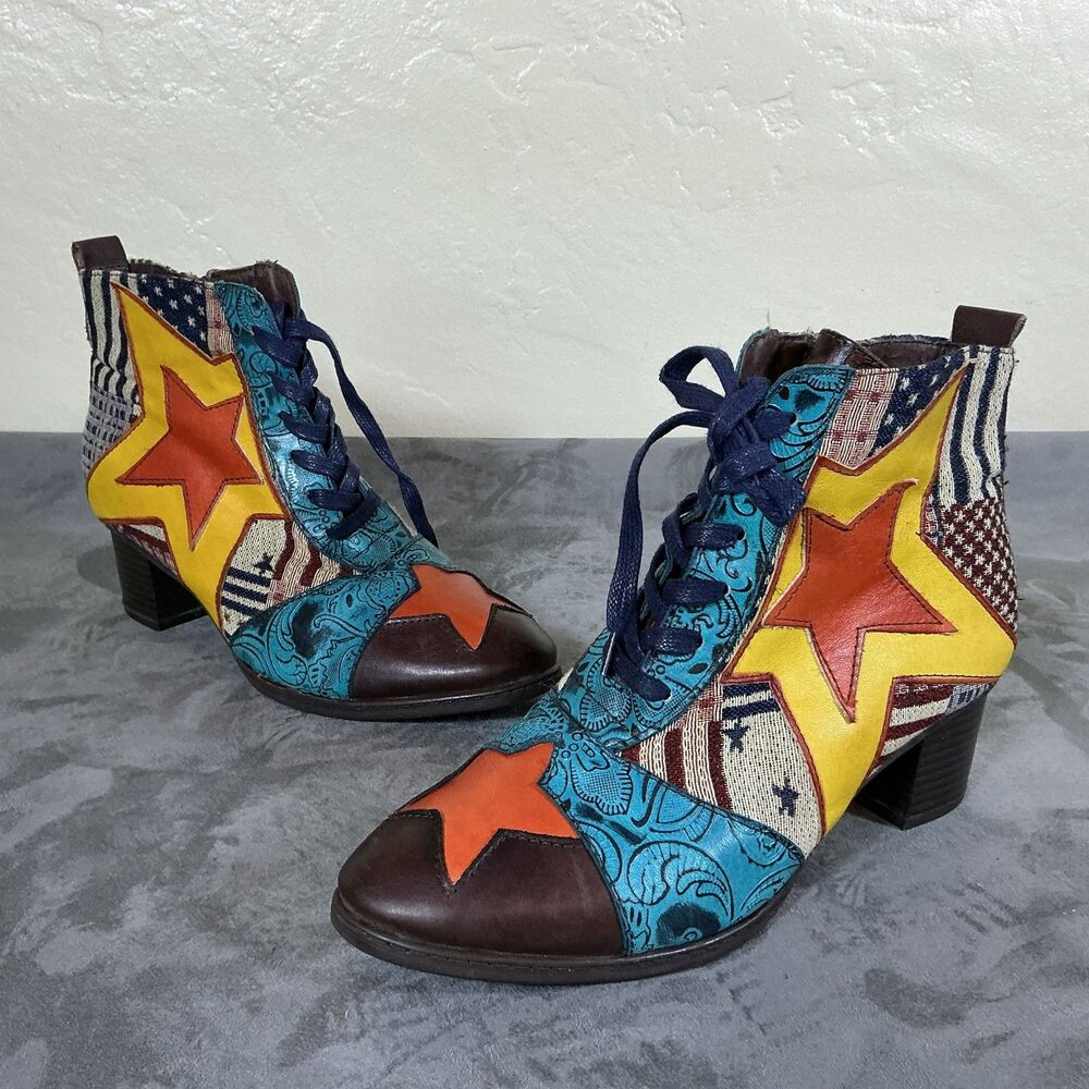 Socofly 39 Star Patchwork Ankle Boots Multicolor Orange Yellow Brown Womens